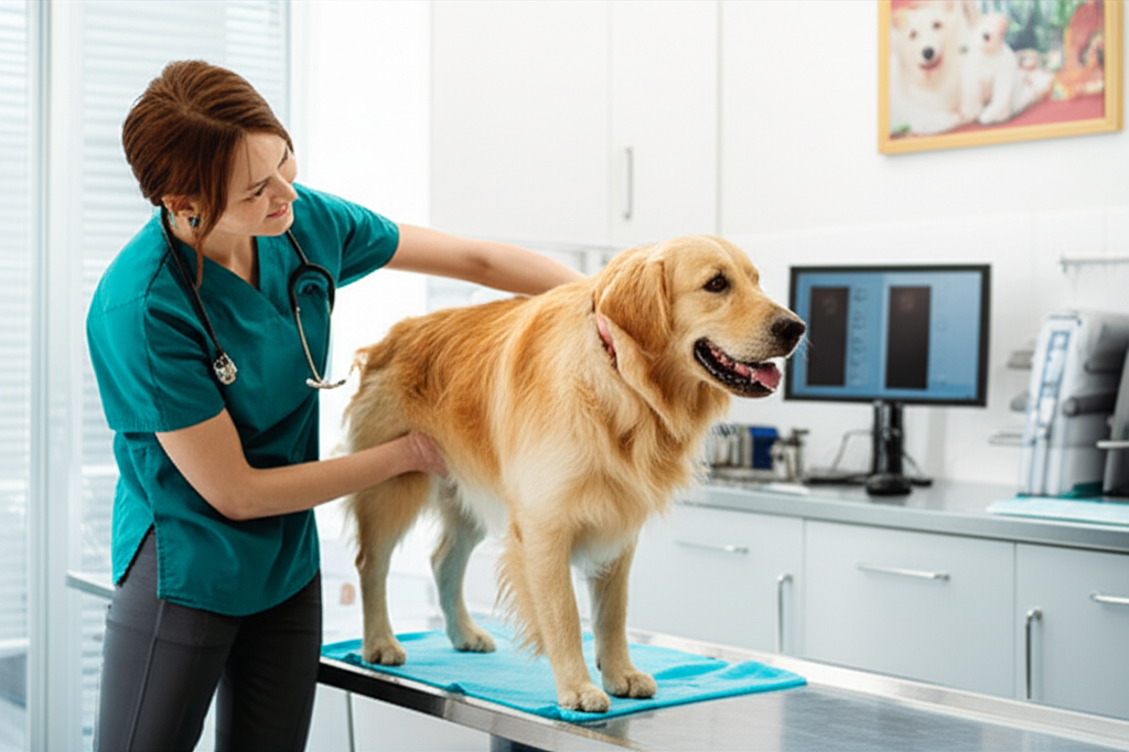 Vétérinaire examinant un chien heureux dans une clinique moderne